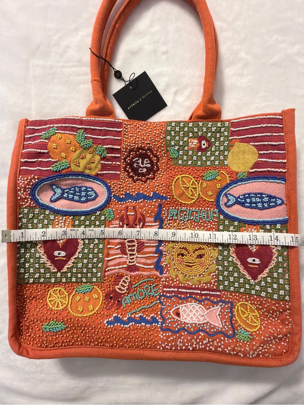 America & Beyond Orange Embroidered Patchwork Beaded Tote - Picture 5 of 6
